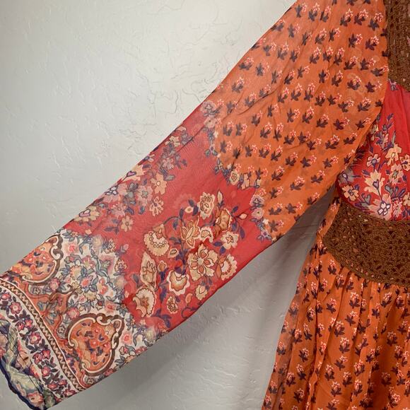 Vtg Y2K ECI New York Silk Dress Womens Sz 14 Orange Red V-Neck Long Sleeve Boho - Picture 4 of 9